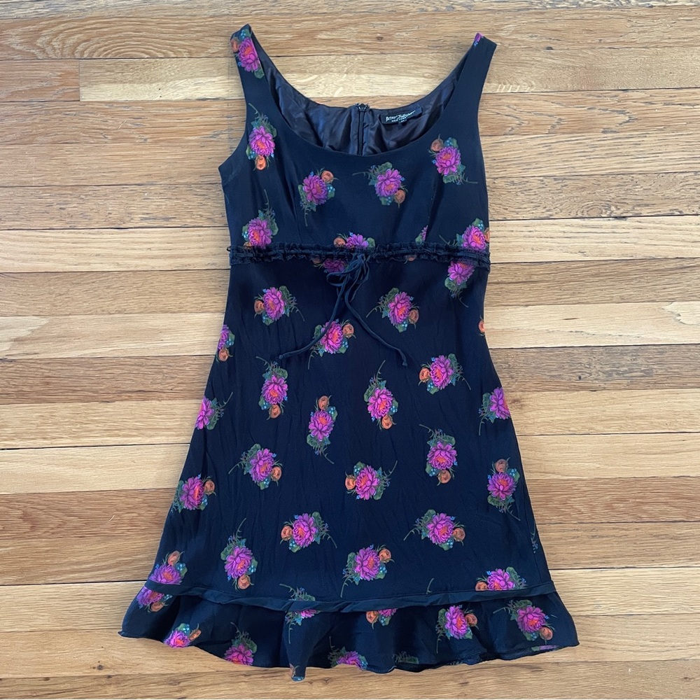 Vintage 90’s Y2K Betsey Johnson Black Dress w Fuchsia Peony Floral Print M RARE!